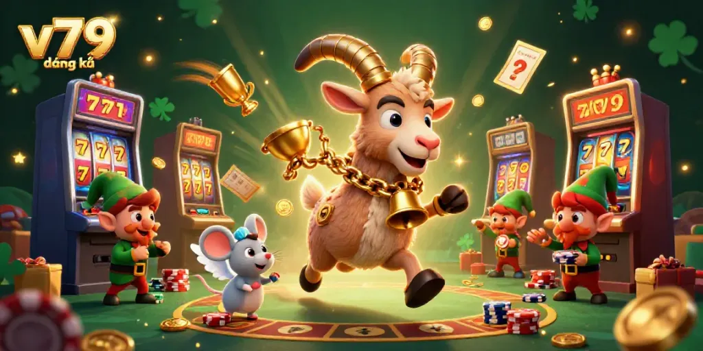 Experience v79 đăng ký with a playful casino scene featuring Krampus and lively gremlins stealing chips.
