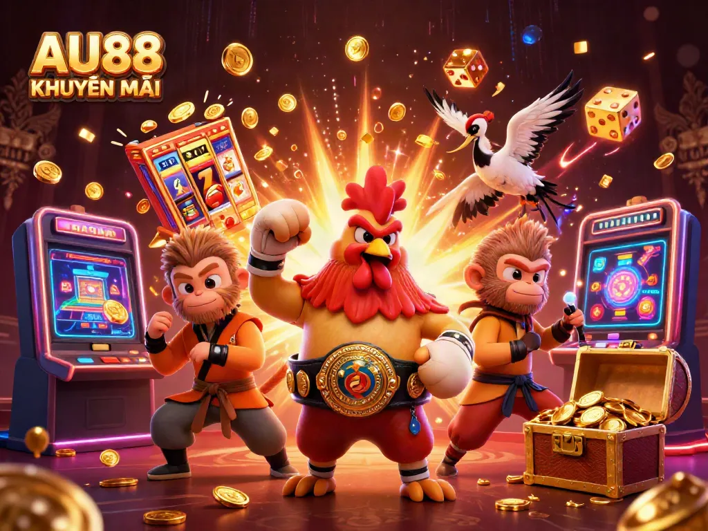 Experience thrilling AU88 KHUYẾN MÃI with vibrant 3D characters amidst jackpots and casino games.