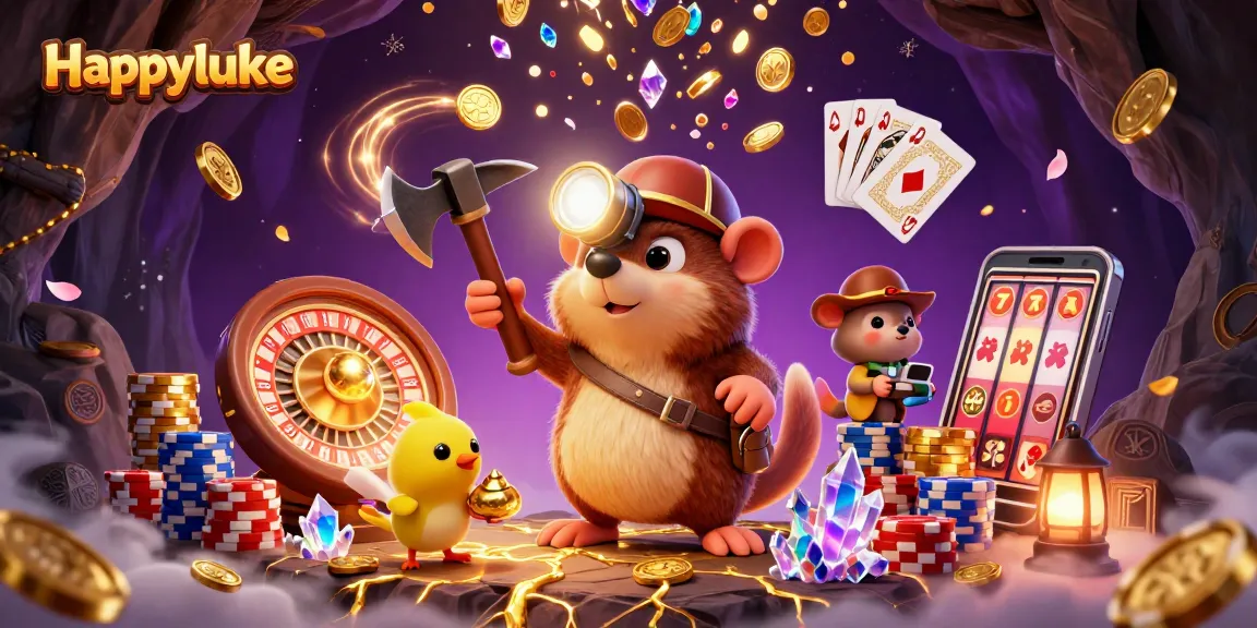 Experience thrilling action at Happyluke with a vibrant 3D casino scene featuring treasure hunting and gaming elements.