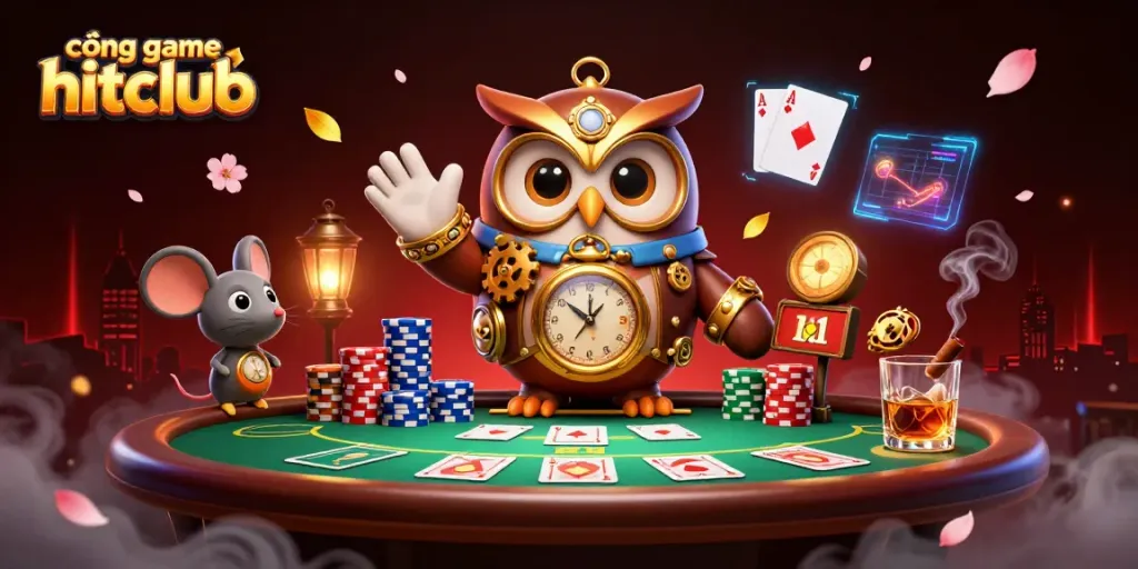 Experience the thrill of cổng game hitclub with a vibrant 3D illustration showing a steampunk owl in a casino.