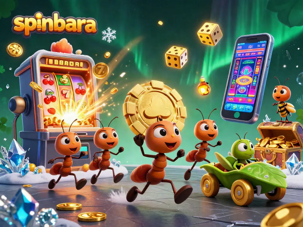Engage in exciting spins at Spinbara Casino with a dynamic heist illustration featuring golden poker chips and jackpot elements.