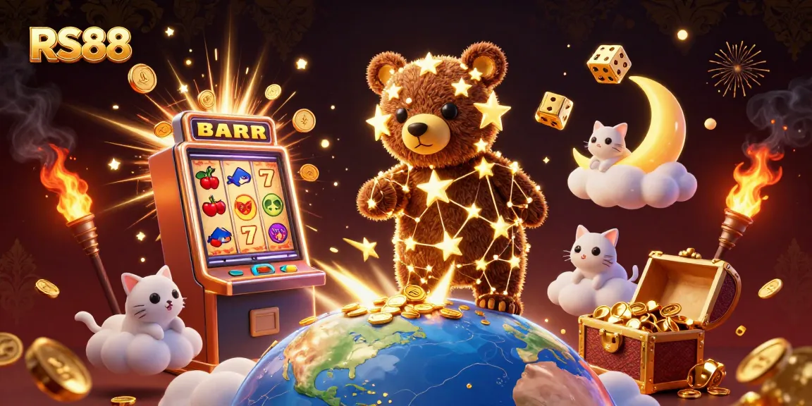 RS88 slot-themed illustration showcasing vibrant 3D visuals of casino excitement and winning potential.