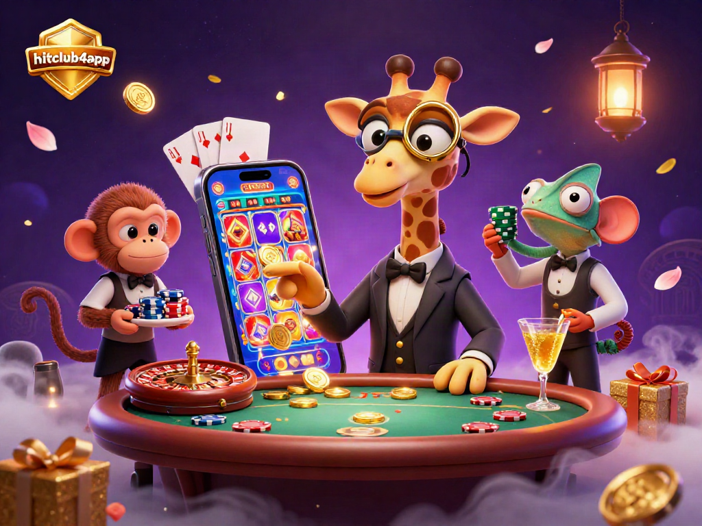 Experience hitclub4app high-stakes gaming with a lively giraffe, monkey, and chameleon in this dynamic casino scene.