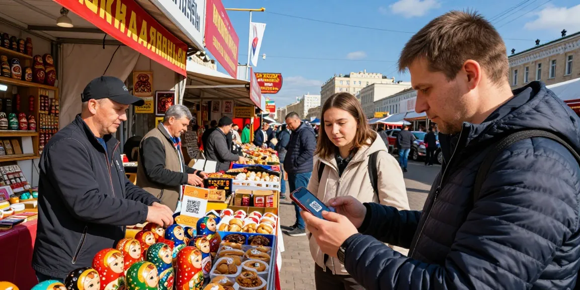 Un turista usando https://payinrussia.com/ para pagar en un bullicioso mercado ruso, con vendedores locales y productos auténticos.