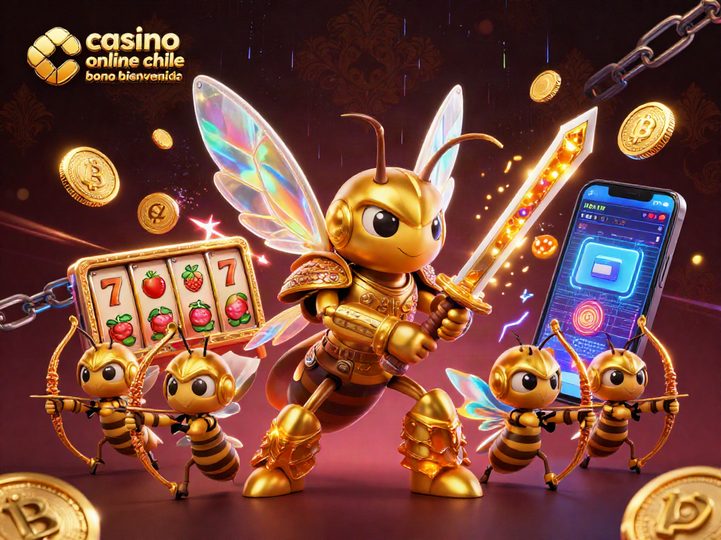 Ilustración 3D de un casino online chile bono bienvenida con personajes y elementos de juego dinámicos.