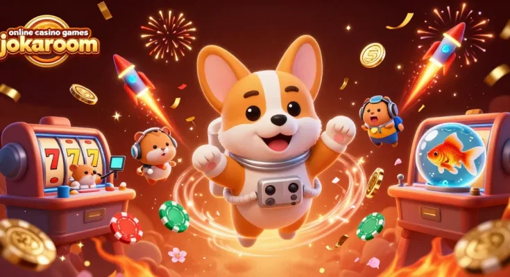 Experience thrilling online casino games jokaroom with floating characters and dazzling effects in a vibrant casino scene.