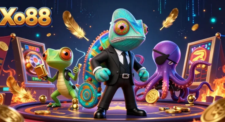 Xo88 casino scene featuring colorful characters with dynamic slot game elements