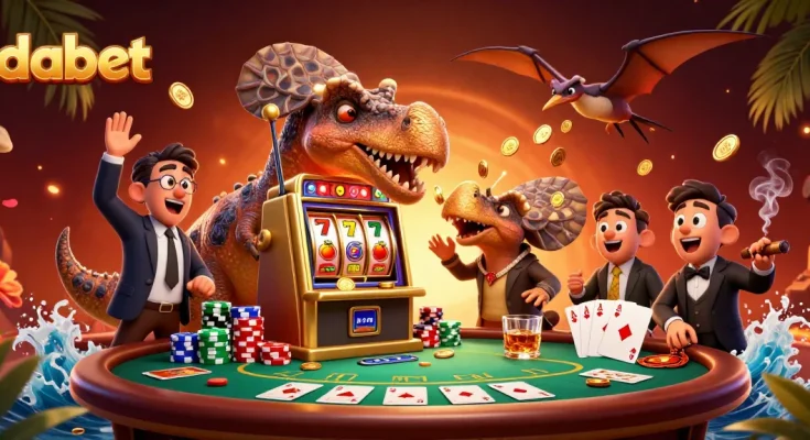 dabet casino scene with cartoon dinosaurs and a golden slot machine creating a jackpot