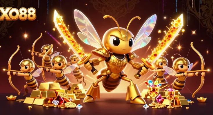 Engage in thrilling games at XO88 with vibrant golden hornets and jewels showcasing casino excitement.