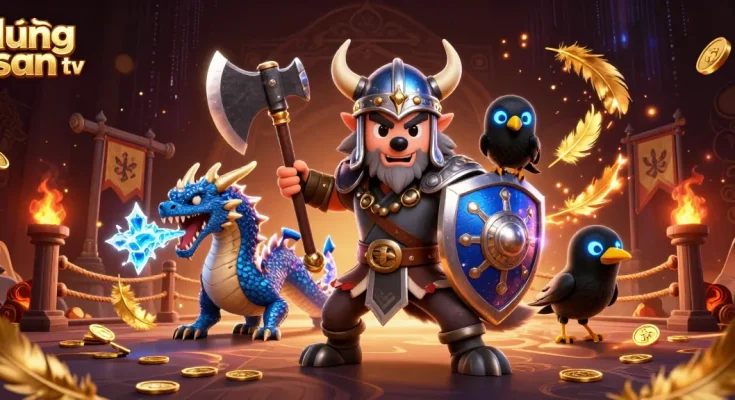 Experience thrilling action with lương sơn tv's dynamic sports betting scene featuring a Viking warrior, dragon, and treasures.