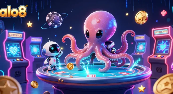 Alo8 features an alien octopus and tiny robot excitedly playing poker at a cosmic casino.