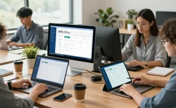 专业团队在使用WPS Office办公软件进行文档协作，展示高效工作环境。