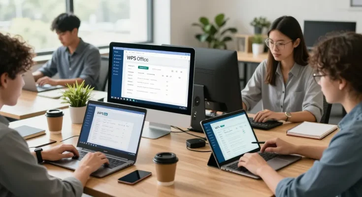 专业团队在使用WPS Office办公软件进行文档协作,展示高效工作环境。