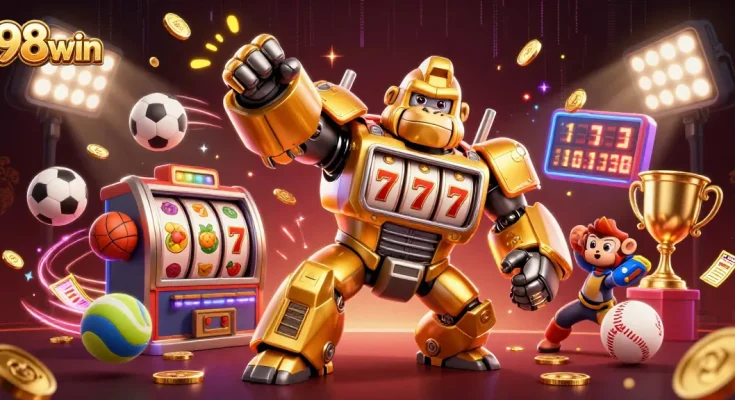 Spin and win with the thrilling 98win casino gorilla mech, surrounded by vibrant gaming elements.