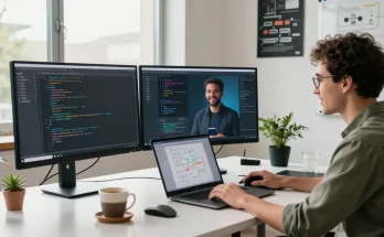 Build internal tools with AI in a modern workspace featuring a developer, coding screens, and an AI assistant.