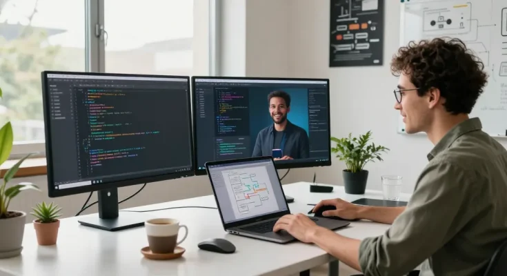Build internal tools with AI in a modern workspace featuring a developer, coding screens, and an AI assistant.