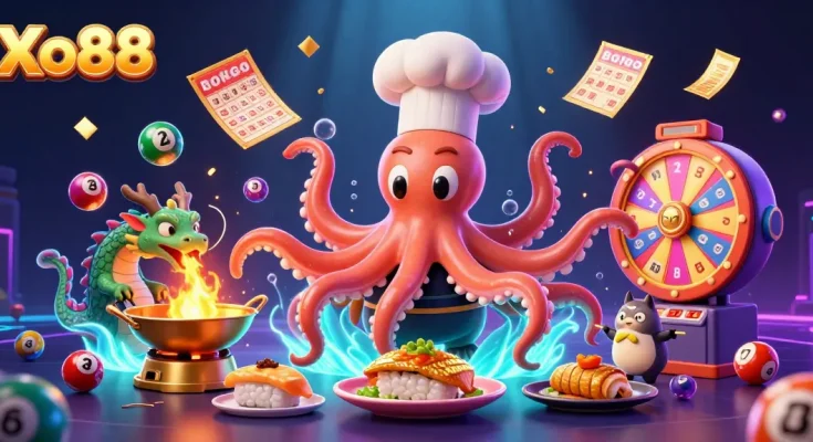 Xo88 showcases an exciting 3D scene with a sushi octopus chef, dragon, and tanuki surrounded by dynamic lottery elements.