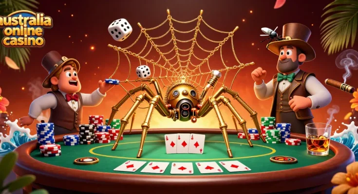 Engage with the vibrant scene of a steampunk spider capturing dice at an australia online casino.