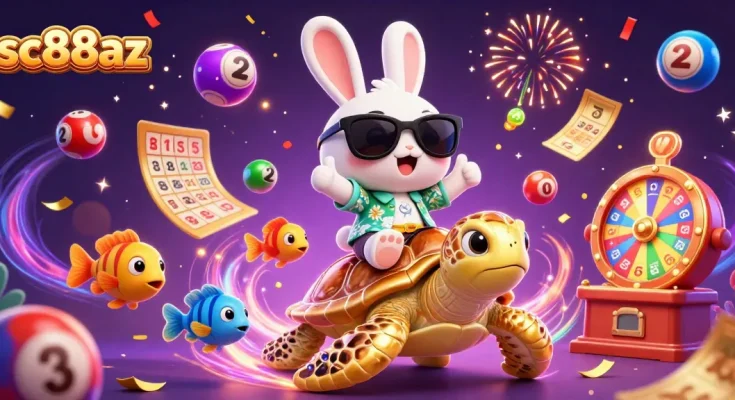 Experience vibrant winnings at sc88az with a lively 3D illustration featuring dynamic characters and gambling elements.