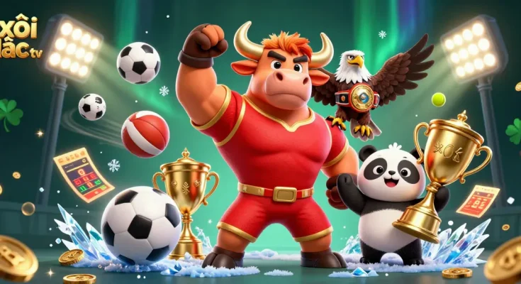 Experience excitement with xôi lạc tv as the bull mascot triumphantly celebrates wins surrounded by dynamic sports elements.