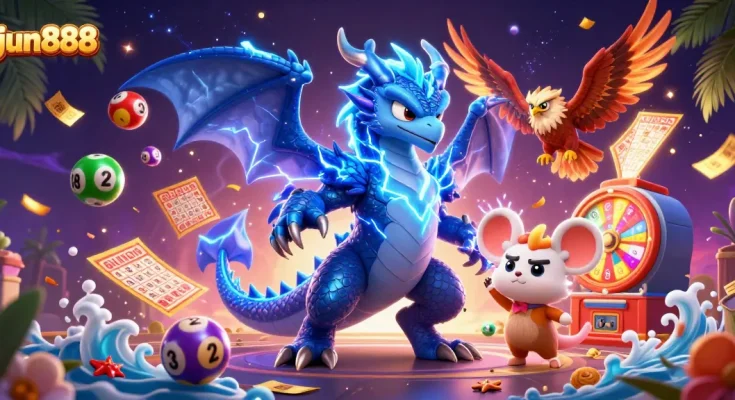 Win big with jun888 in this vibrant casino-themed illustration showcasing exciting game elements.