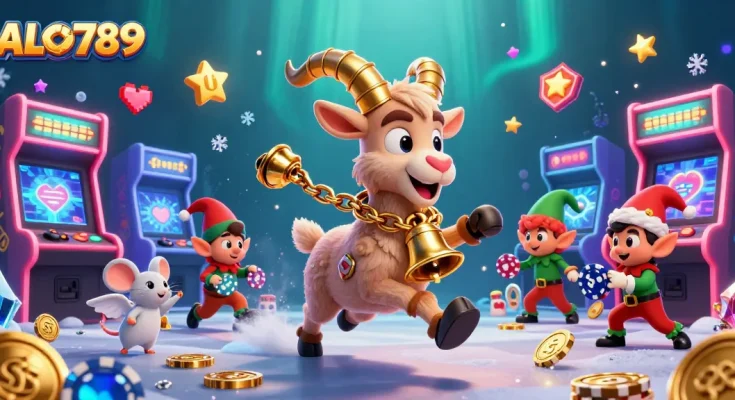 Experience festive gaming excitement with ALO789 featuring Krampus, tiny angel mouse, and elf gremlins in a holiday casino.