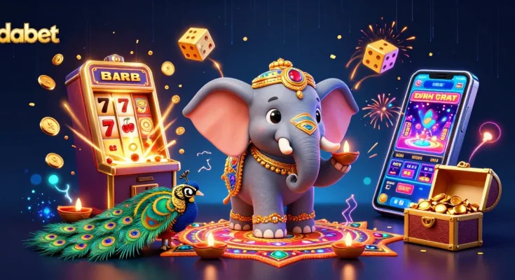 dabet showcases vibrant slot machine fun with a majestic elephant and peacock amidst a rich casino backdrop.
