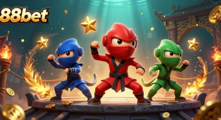 Engage with 88bet's thrilling casino action featuring chameleon ninjas in a dynamic 3D battle scene!