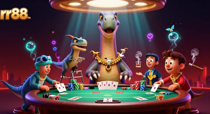 Engage with thrilling rr88 gaming action at a surreal casino scene featuring dynamic characters.