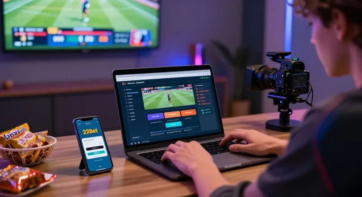Person using 22Bet login on a laptop in an engaging betting setup with live sports on TV.