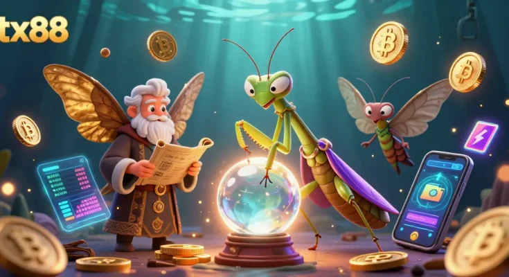 Engage with tx88's casino magic through animated mystical characters and crypto elements.