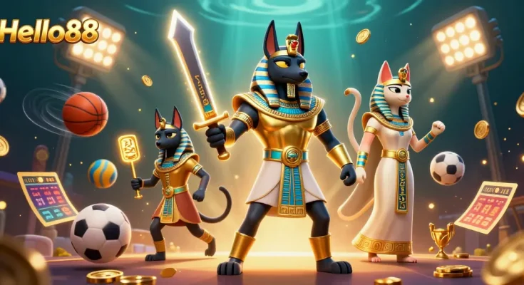 Bet on sports with Hello88 featuring vibrant casino elements and dynamic characters in action.