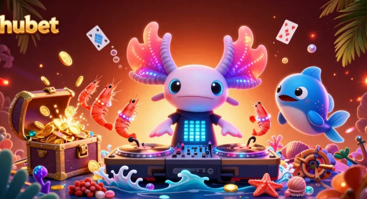 Join the vibrant hubet gaming scene where the neon axolotl DJ spins while treasure bubbles and gems explode.