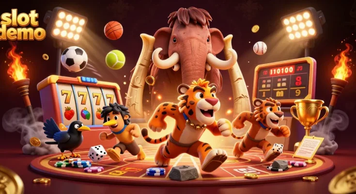 Permainan slot demo dengan simbol buah dan jackpot ditampilkan dalam ilustrasi 3D.