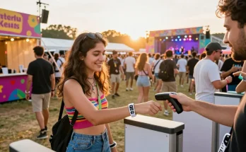 NFC wristbands enhancing control de acceso con pulsera con chip at a lively festival event with happy attendees.