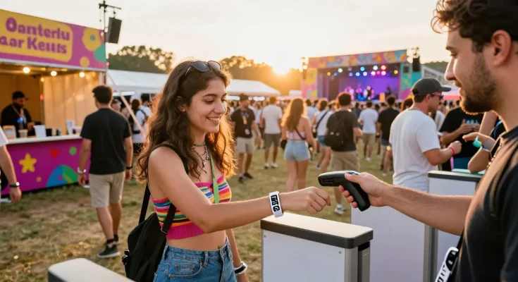 NFC wristbands enhancing control de acceso con pulsera con chip at a lively festival event with happy attendees.