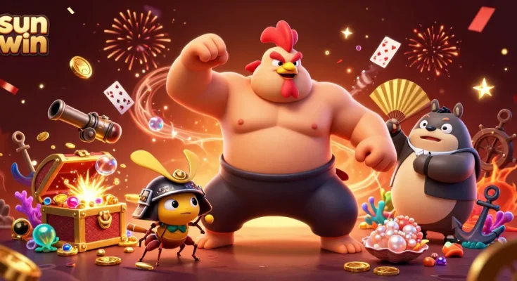 Experience the thrill of sun win with powerful characters in a dynamic casino-themed 3D scene