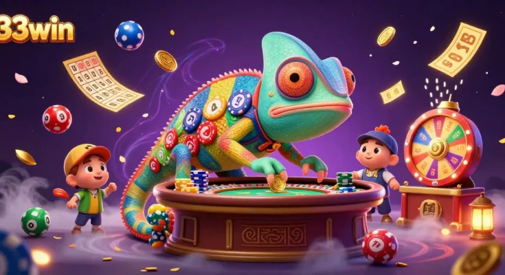 Engage in thrilling games at 33win with a 3D chameleon casino owner amid vibrant lottery elements.