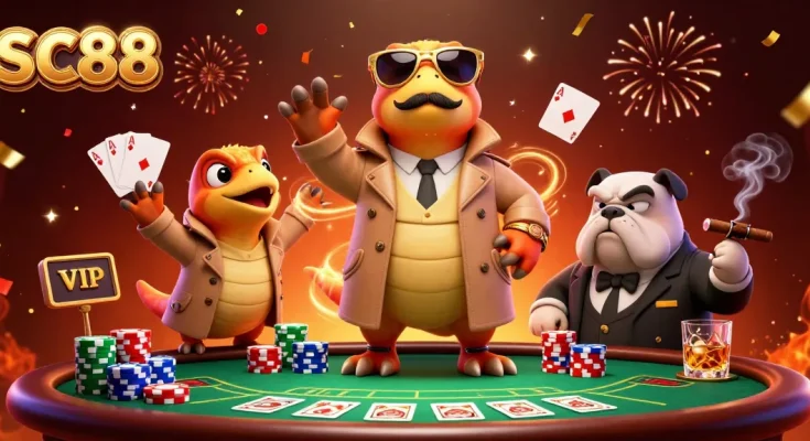Join the fun at SC88 with 3 raptors in disguise entering a VIP casino lounge.