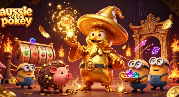 Engage with aussie online pokies in this vibrant scene showcasing magic, treasure, and thrilling elements.