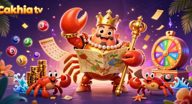 Cakhia TV showcases a lively gaming scene with playful characters and vibrant lottery elements.