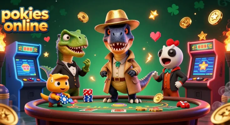 Experience thrilling pokies online action with a cartoon velociraptor at the blackjack table.
