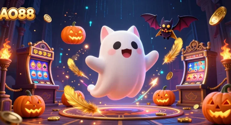 Play thrilling casino games at AO88 with a ghost cat and vampire bat in a haunted mansion.