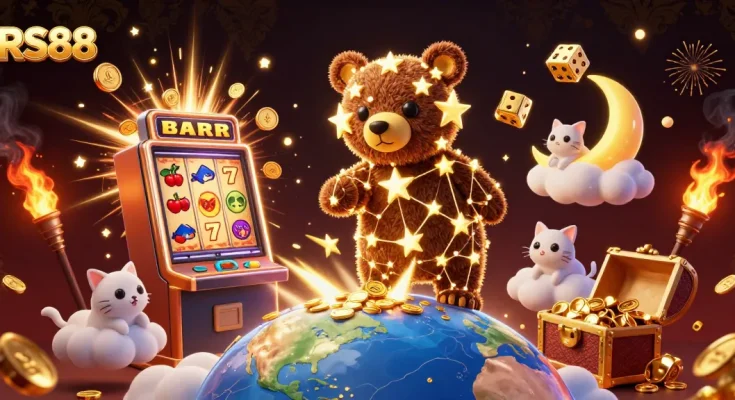 RS88 slot-themed illustration showcasing vibrant 3D visuals of casino excitement and winning potential.