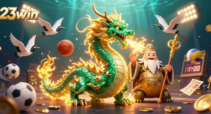 Experience thrilling gameplay at 23win with a 3D dragon, lucky cranes, and vibrant casino elements.