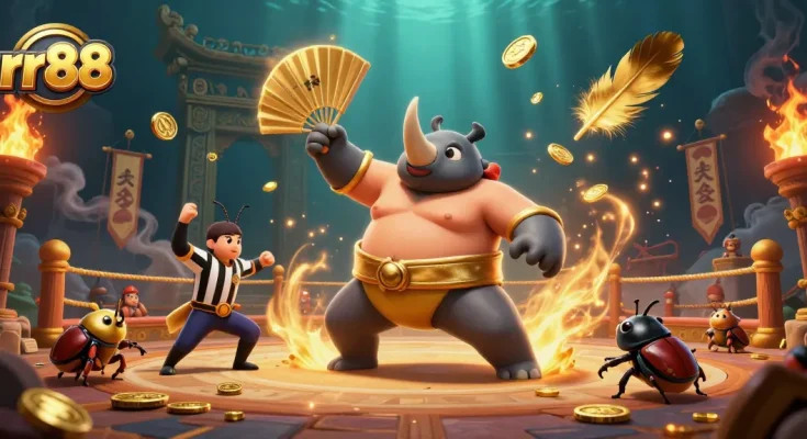 rr88 champions battle in a vibrant arena, winning gold coins amidst betting excitement